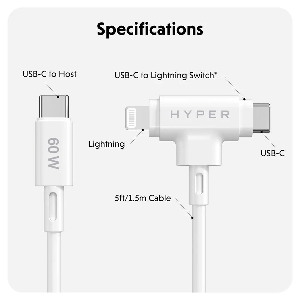 Cable Híbrido Hyper HJ4010WHGL | USB-C | Lightning | 60W - Image 4