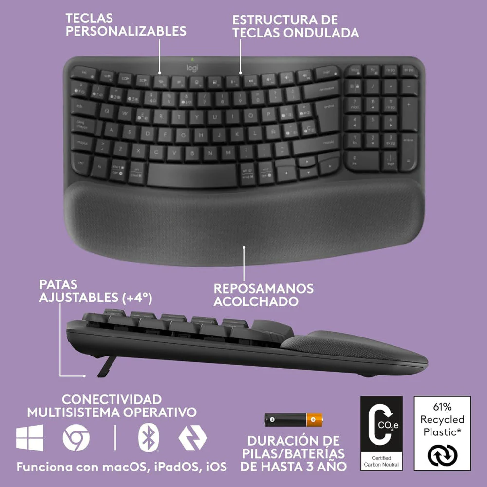 Teclado Inalámbrico Logitech Wave Keys | Ergonómico | Bluetooth | En Español - Image 3